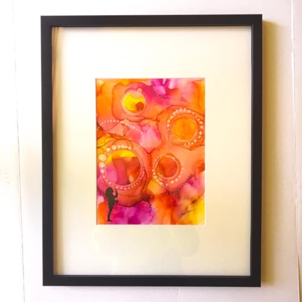 “Blowing Bubbles” Original Alcohol Ink Art Framed